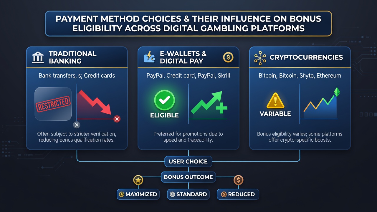 Comparison chart of payment methods and corresponding bonus eligibility indicators on gambling platforms